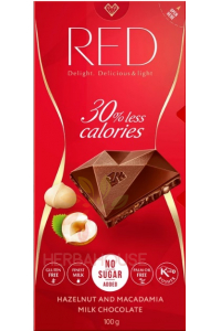 Obrázok pre Red Delight Ciocolata cu lapte cu alune si nuci de macadamia si indulcitor (100g)