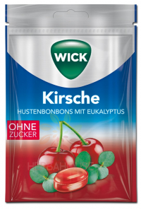 Obrázok pre Wick Bomboane cu mentol pentru gât fără zahăr cu îndulcitor cu aromă de cireșe (72g)