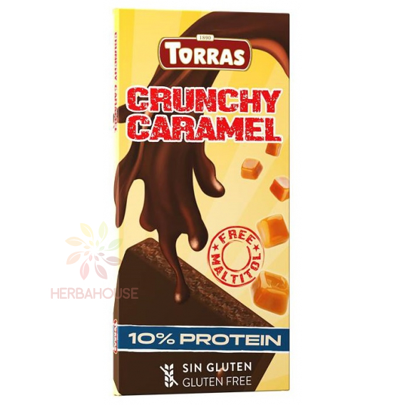 Obrázok pre Torras Crunchy Caramel Ciocolata neagra fara gluten cu proteine ​​extrudate din soia indulcite cu eritritol si stevie - caramel sarat (100g)