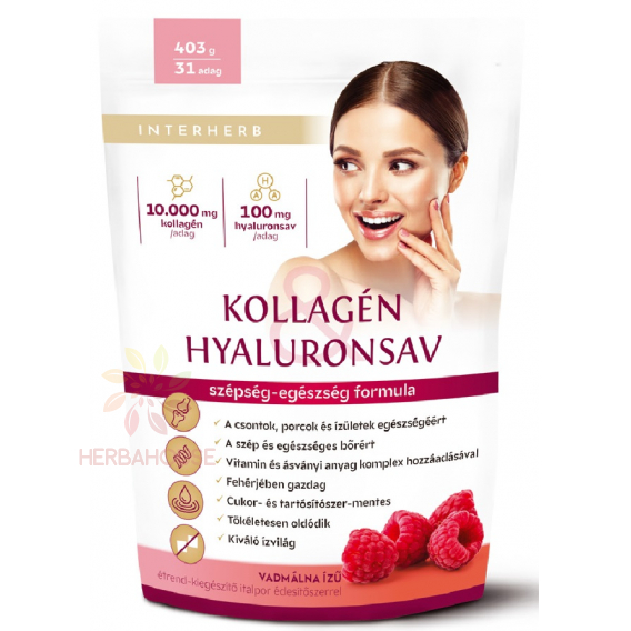 Obrázok pre Interherb Pudră de colagen și acid hialuronic cu îndulcitor - zmeură (403g)