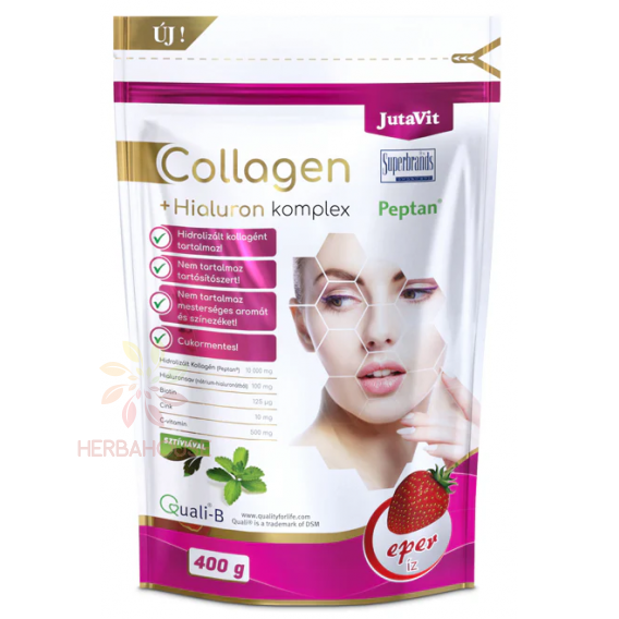 Obrázok pre JutaVit Complex Pudră colagen și acid hialuronic cu îndulcitor - căpșună (400g)