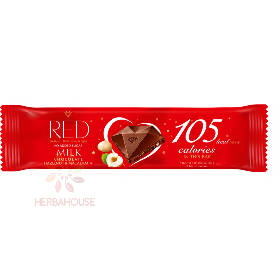 Obrázok pre Red Delight Ciocolata cu lapte cu alune si nuci de macadamia si indulcitor (26g)