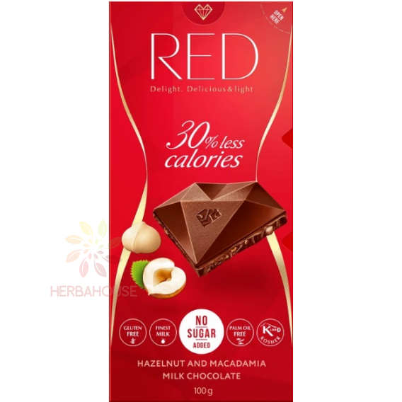 Obrázok pre Red Delight Ciocolata cu lapte cu alune si nuci de macadamia si indulcitor (100g)