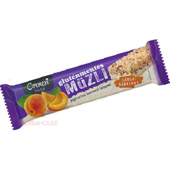 Obrázok pre Cornexi Baton de muesli cu caise fără gluten, înmuiat pe jumătate în topping de iaurt (25g)