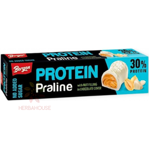 Obrázok pre Bergen Protein Praline Ciocolată albă cu îndulcitor, umplută cu cremă de arahide (50g)