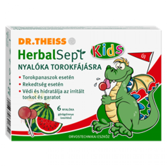 Obrázok pre Dr.Theiss HerbalSept Kids Acadele pentru dureri în gât cu aromă de pepene roșu (6buc)