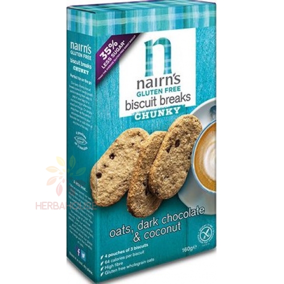 Obrázok pre Nairns Biscuiți cu fulgi de ovăz din cereale integrale fără gluten ciocolată neagră și nucă de cocos (160g)