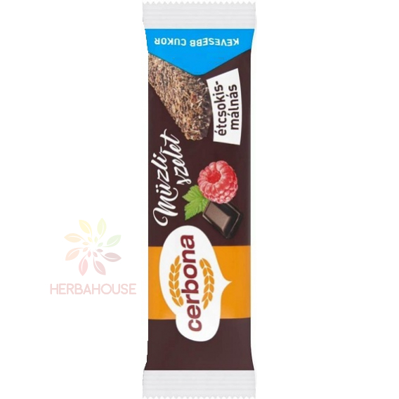 Obrázok pre Cerbona Baton de muesli de ciocolată și zmeură semi-muiată în ciocolată neagră fără zahăr adăugat (20g)